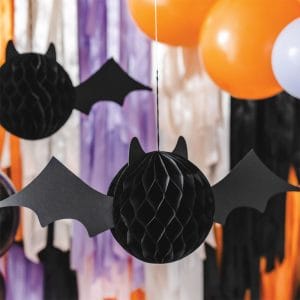 Bat paper honeycomb with purple, orange balloons and crepe paper