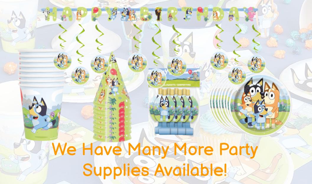 Bluey Themed party decorations with party swirls, birthday banner, paper cups, paper plates, party hats and blow outs