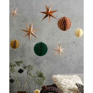 Cosy Copper Paper Star Hanging Decorations with Honeycomb Paper Balls