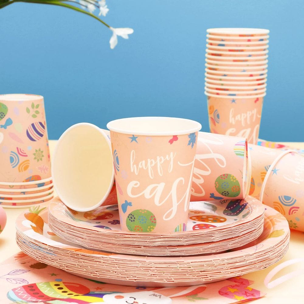 Easter Party Tableware Set Including Paper Plates Cups Napkins Forks Spoons Knives