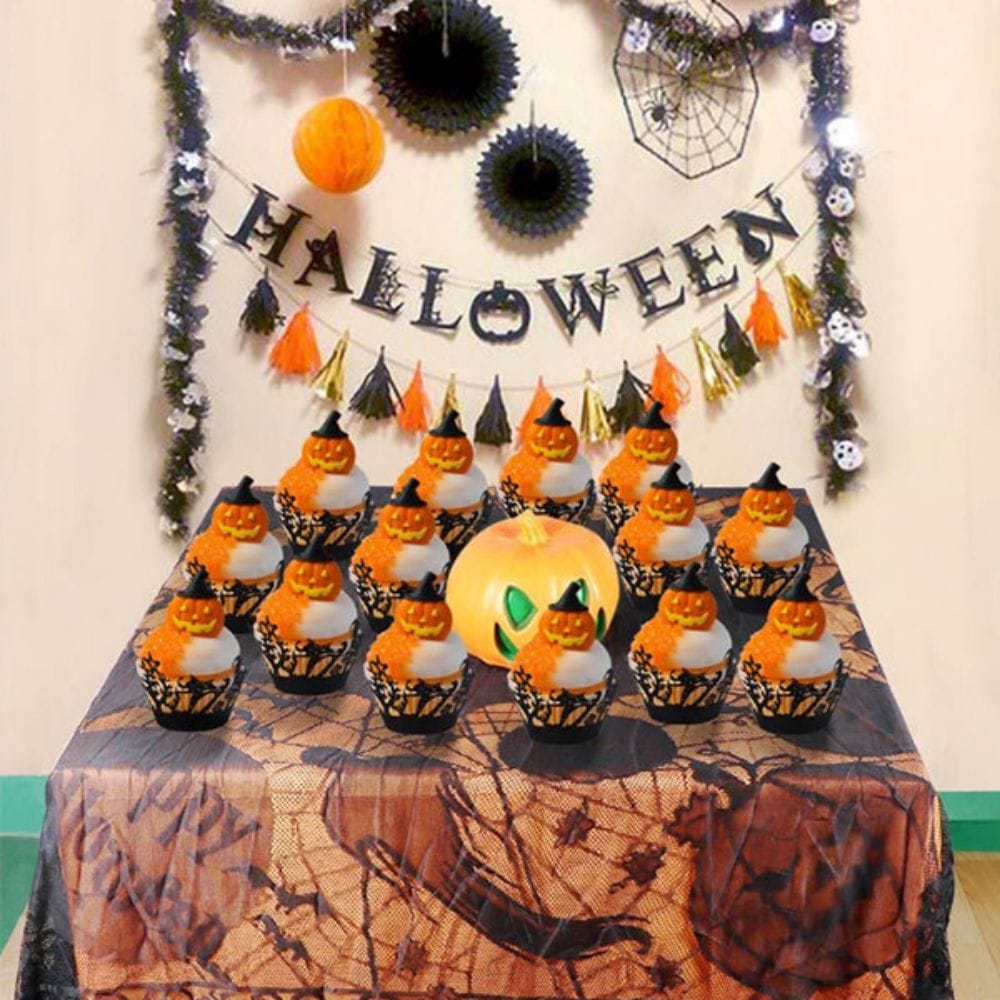 Halloween Party Decorations with pumpkin, witch, castle pattern and banner cake toppers