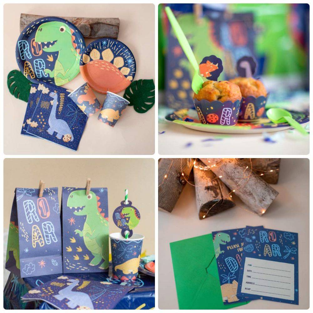 dinosaur themd party tableware, cake toppers gift cards and greeting cards