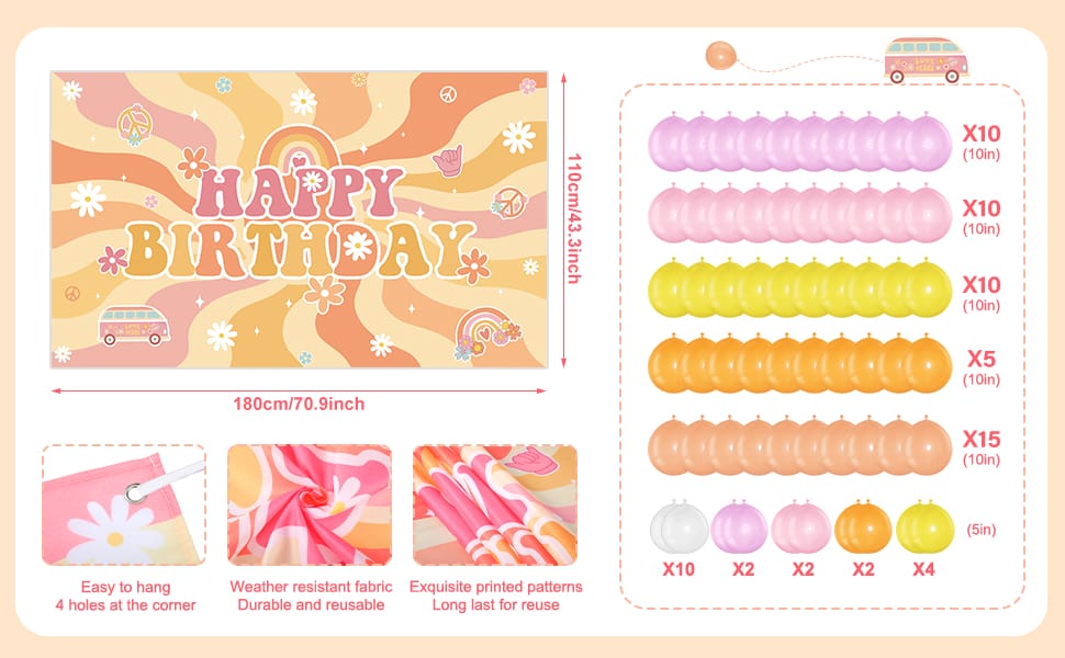 size information about happy birthday groovy backdrop and rainbow balloons
