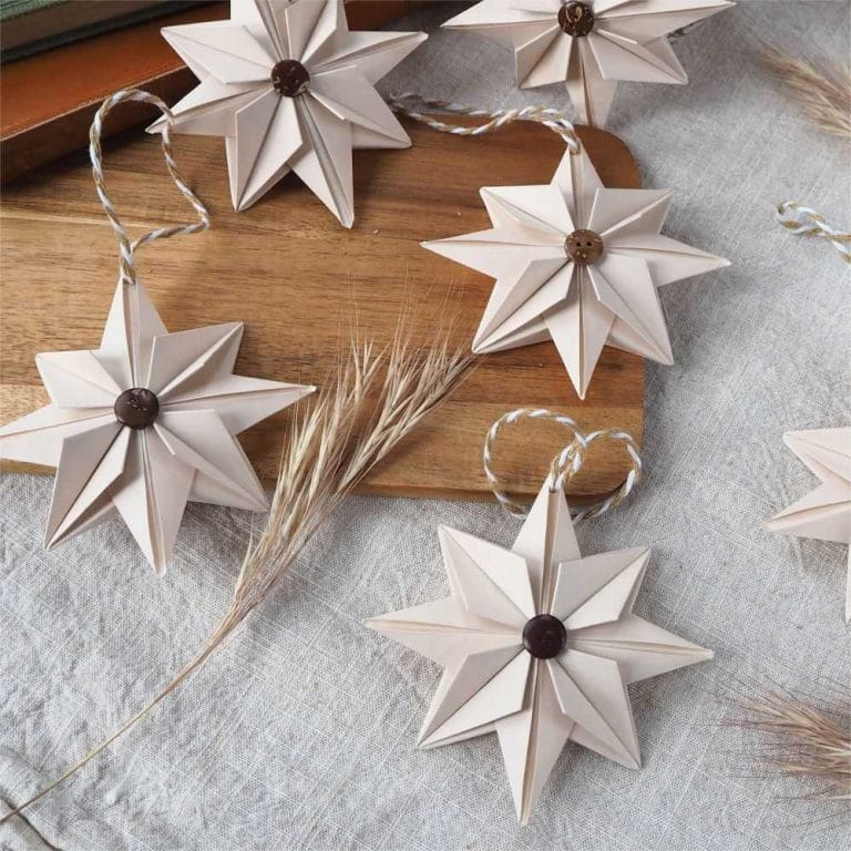 Natural Beige Paper Star With Coconut Button Christmas Ornaments