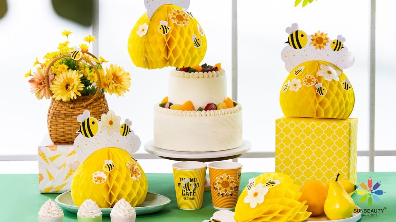 yellow bee paper honeycomb centerpieces