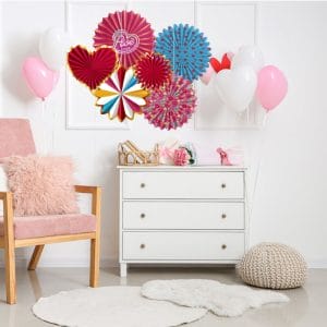 Custom Valentines Day Party Paper Fan Decor Set with Blue and Pink Accents
