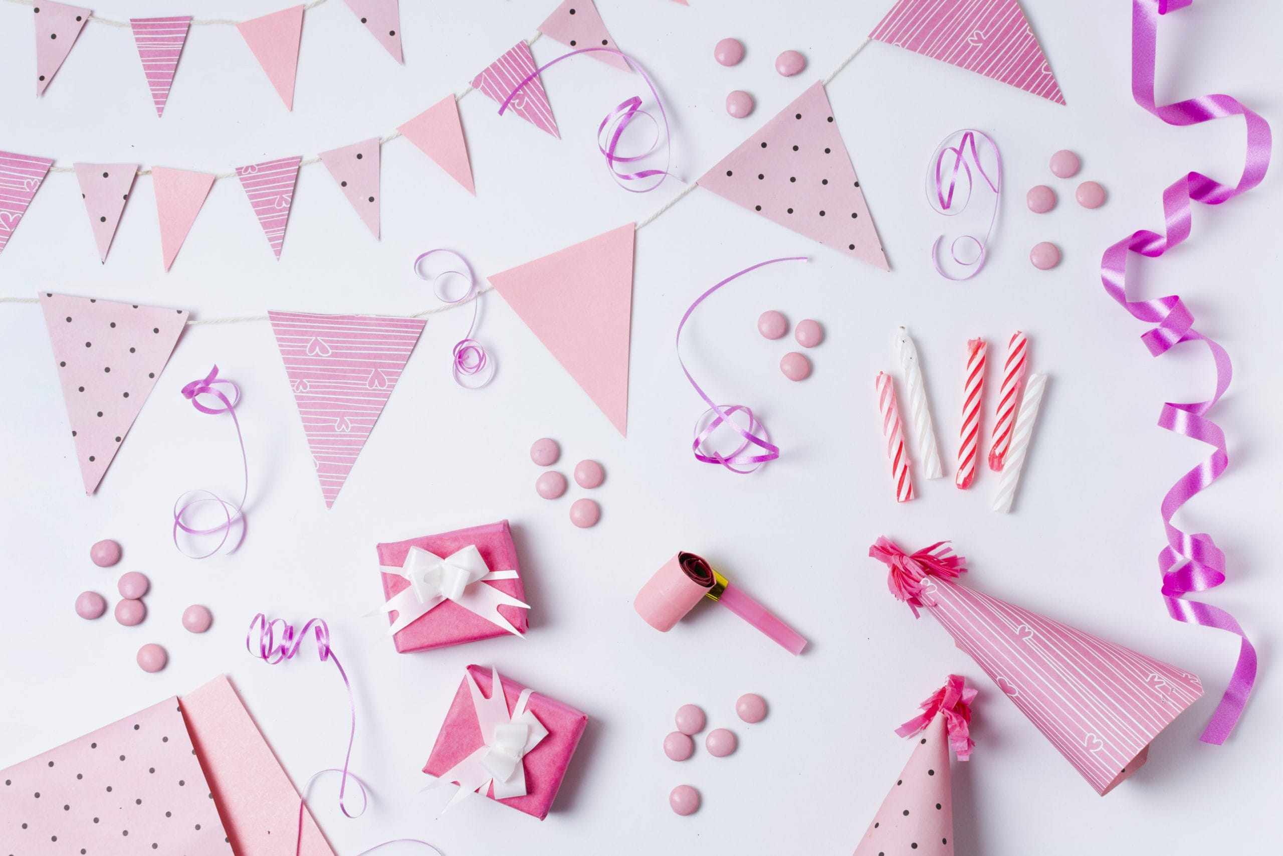 flat lay birthday decoration pink birthday decorations 5)Party Banners (Starting from $0.50)