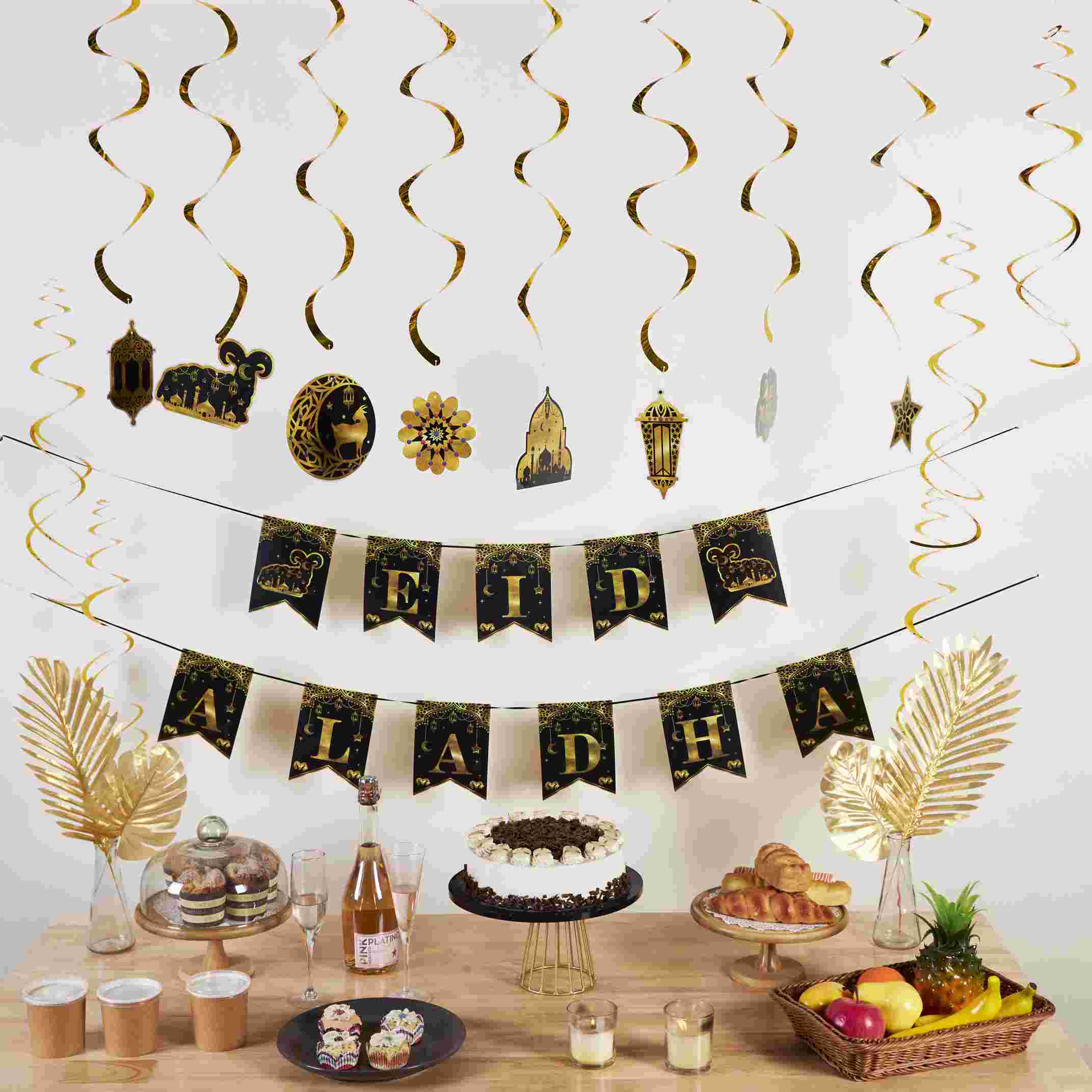 Eid Party Supplies with Banner, party swirls wall decorations