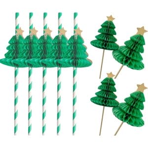 Green Christmas Paper Straws Honeycomb Christmas Tree Shape Cake Toppers