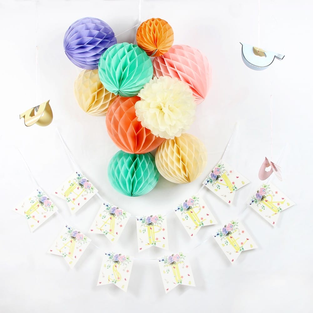 Easter Pastel color honeycomb balls with happy Easter banner