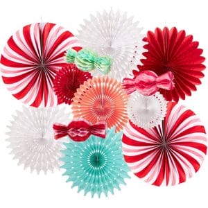 Red and Green Folding Fans Christmas Candy Paper Honeycomb Decorations Set