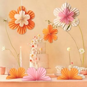 Source for Orange Pink and Yellow Flower Folding Paper Fans Party Decorations