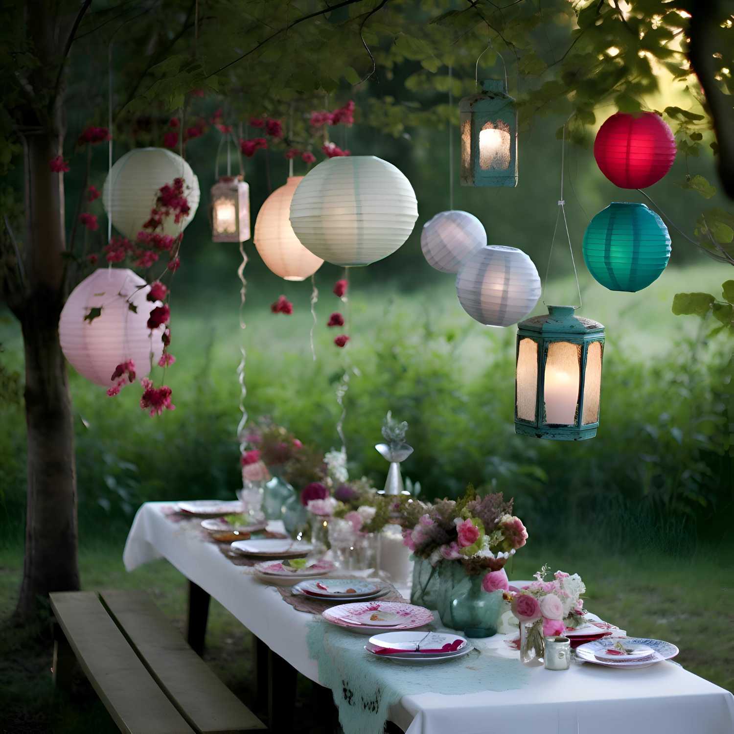 Vintage Garden Party Decoraitons with paper lanterns