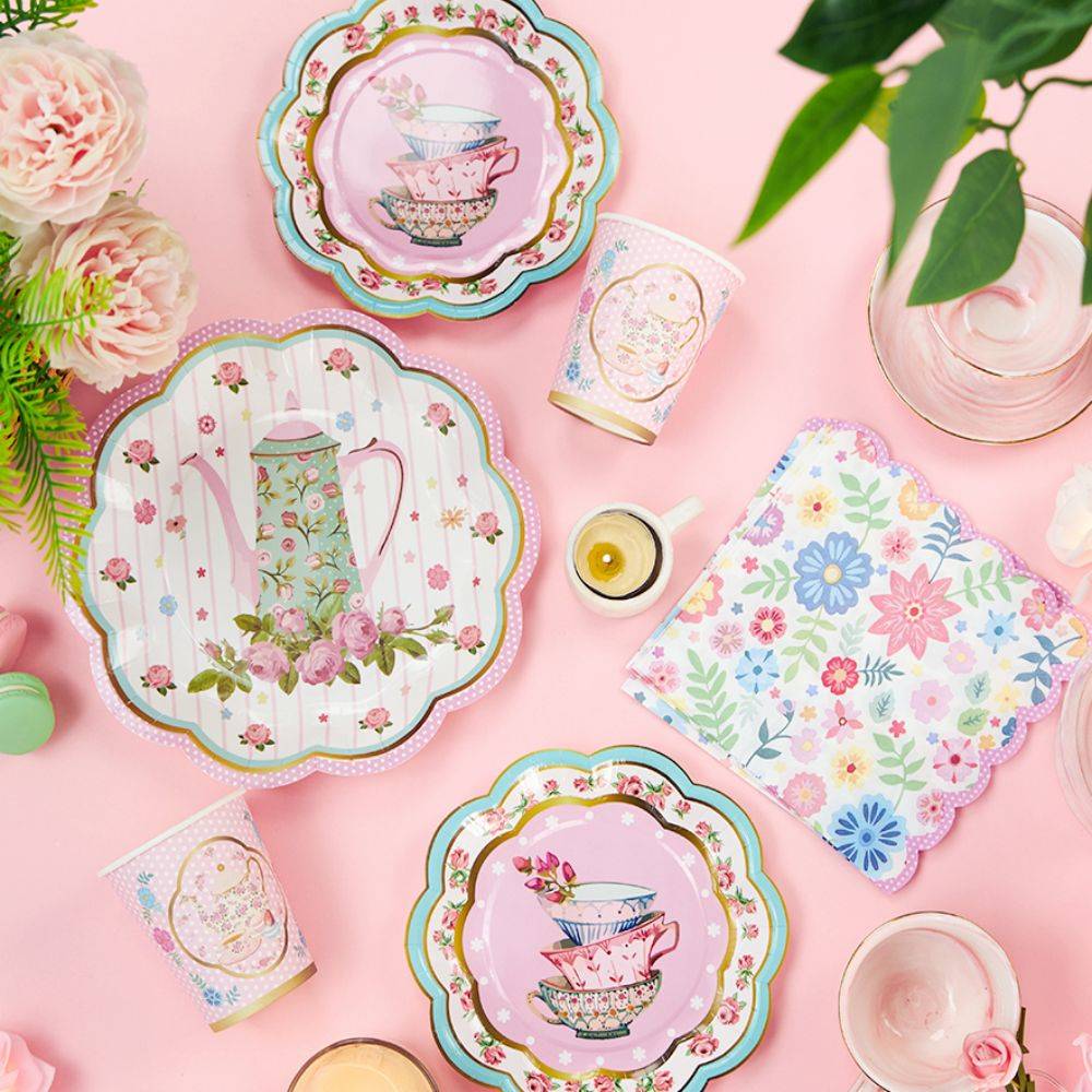Vintage-Inspired Teapot Patterned Paper Cups and Plates Set Supplier