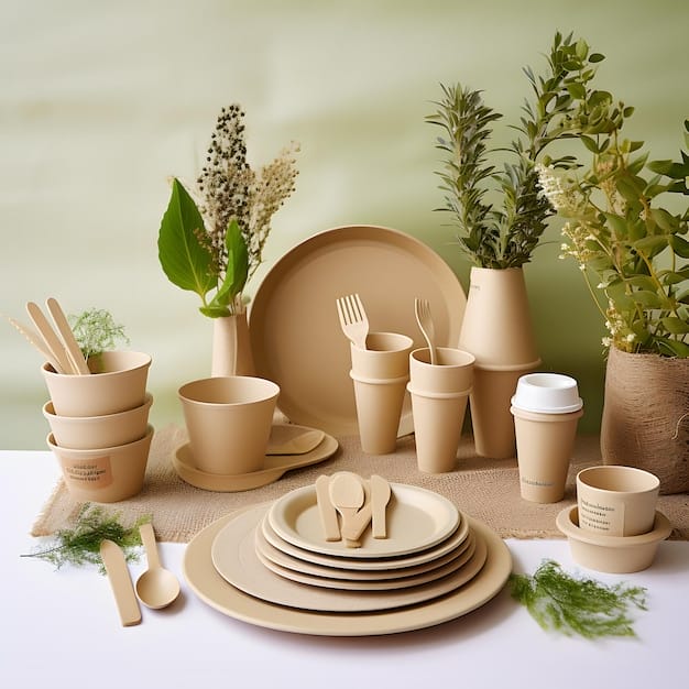 set various environmentally friendly dishes made wood corn starch cane kraft paper cups plates wooden