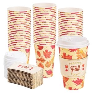 Custom Coffee Cups Disposable Autumn Maple Leaf Coffee Cups With Lids And Sleeves