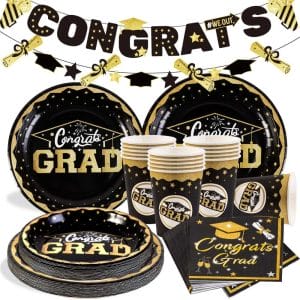 Custom Graduation Decoration Party Tableware Black Gold Graduation Decorations Set