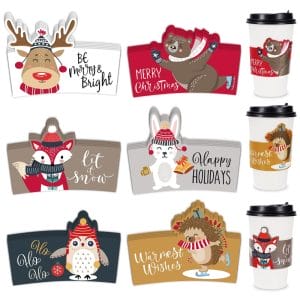 Custom Paper Coffee Cups With Cute Christmas Woodland Creature Cup Sleeves