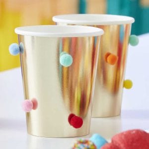 Custom Paper Cups Printed Rainbow Pom Pom Gold Party Cups