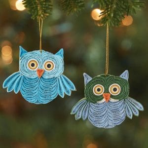 Handcrafted Personalized Quilled Paper Christmas Owl Ornament Duo