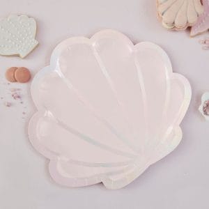 Iridescent and Pink Foiled Mermaid Shell Shaped Paper Plate