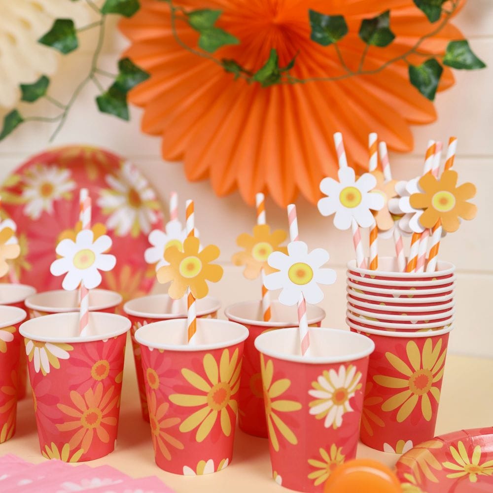 Orange Daisy Floral Themed Party Cups Flower Straws Tableware Set