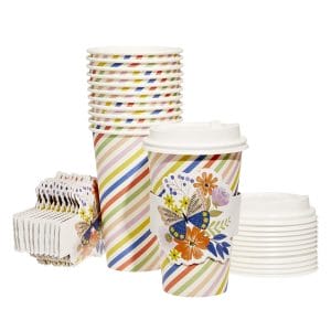 Personalized Paper Coffee Cups With Lids And Floral Cup Sleeves