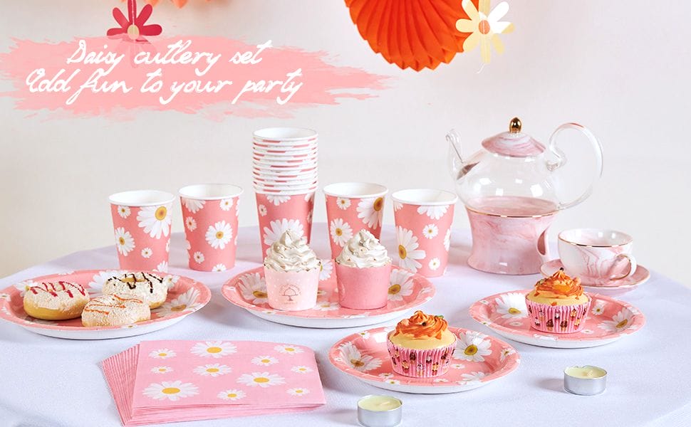 Pink Personalised Daisy Party Paper Tableware Set