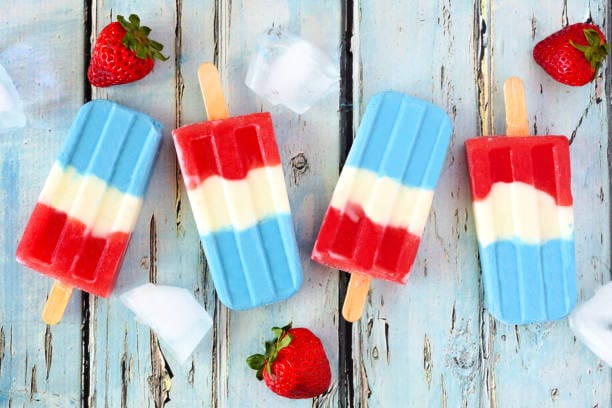 Red white and blue summer fruit ice pops