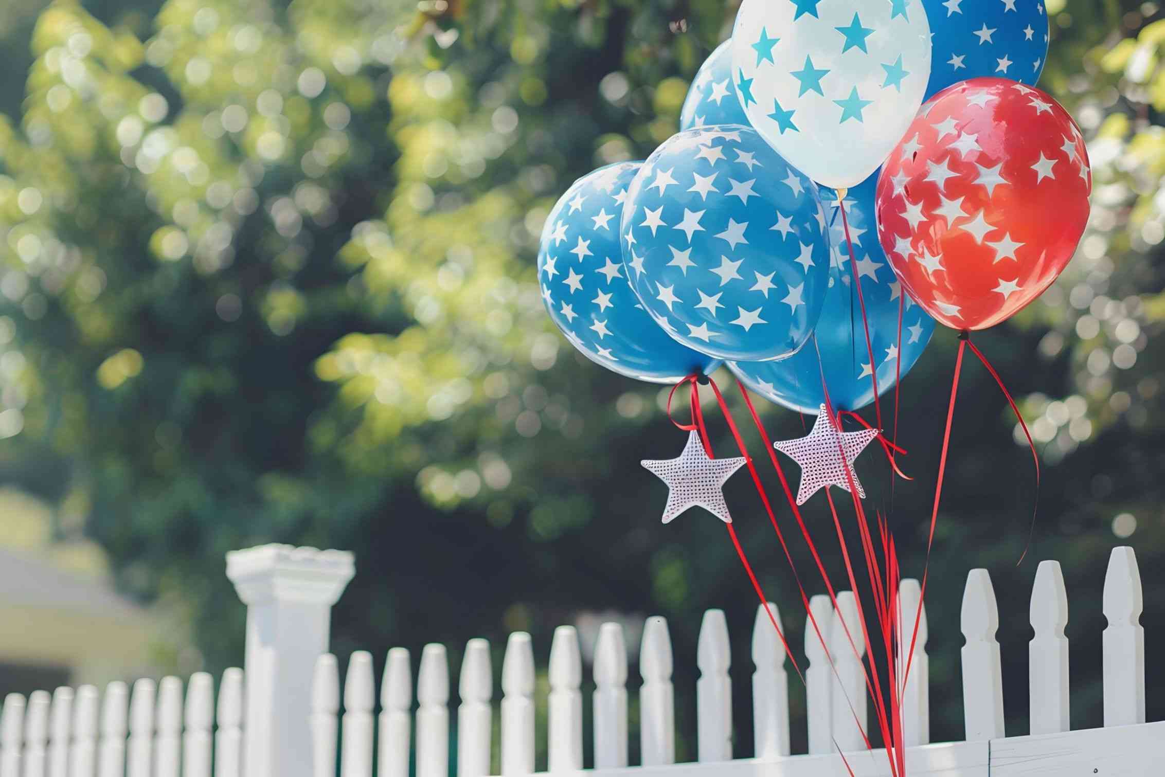 Star Spangled Confetti Balloons view house decorated with american flag colors ornaments