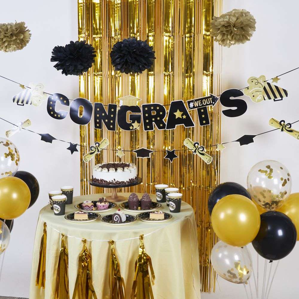 black golden themd grad themed party decorations, balloons, flower pompoms tableware set