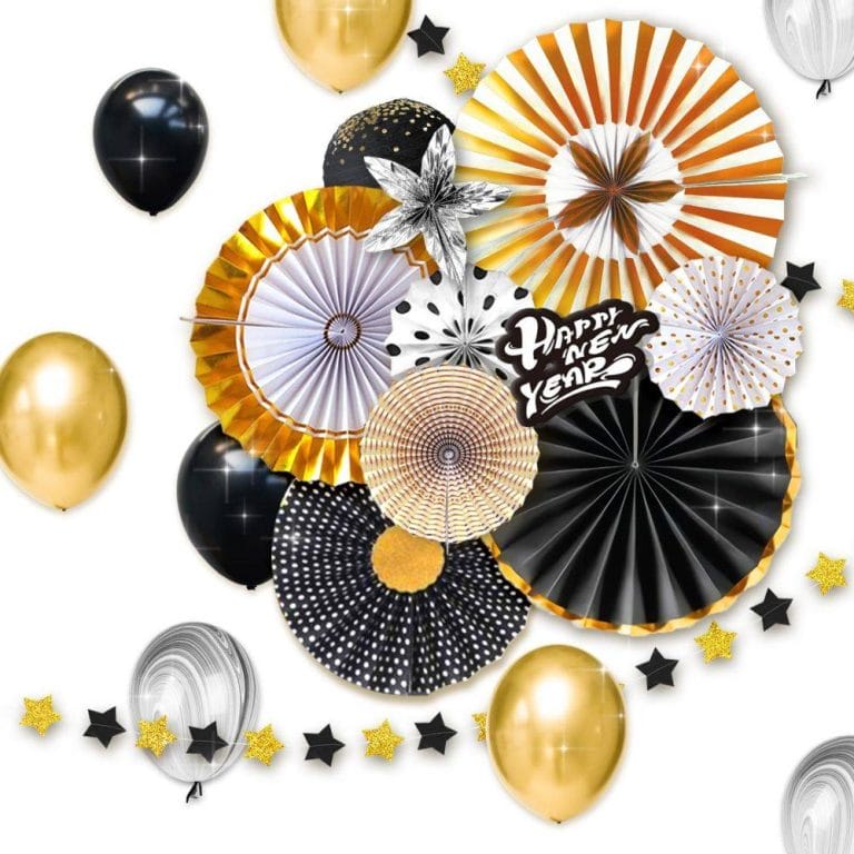 Happy New Year Party Banner Balloons Paper Fan Garland Decorations