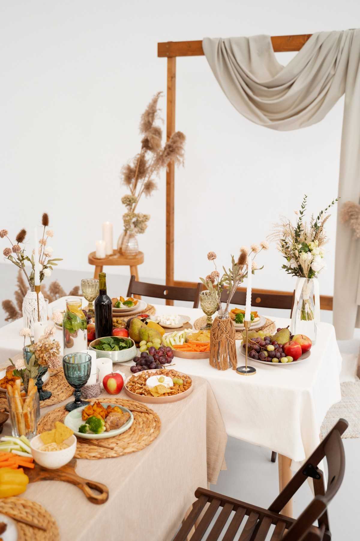 table arrangement with food wedding event