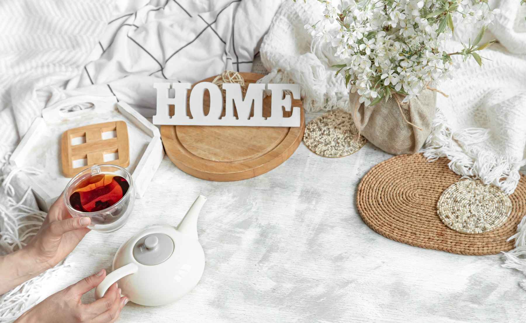 welcome home decoration cozy home still life with cup tea kettle