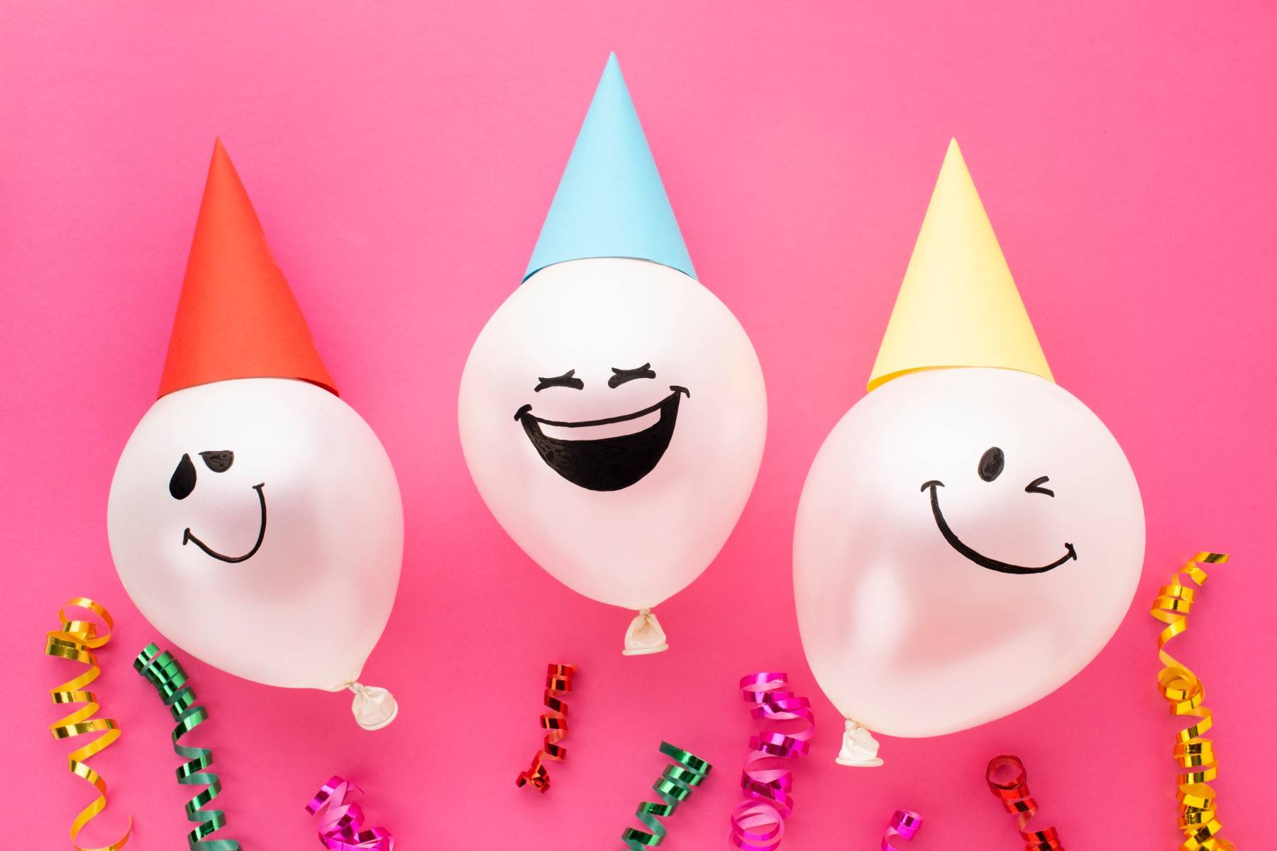 happy icons decoration with balloons party hats