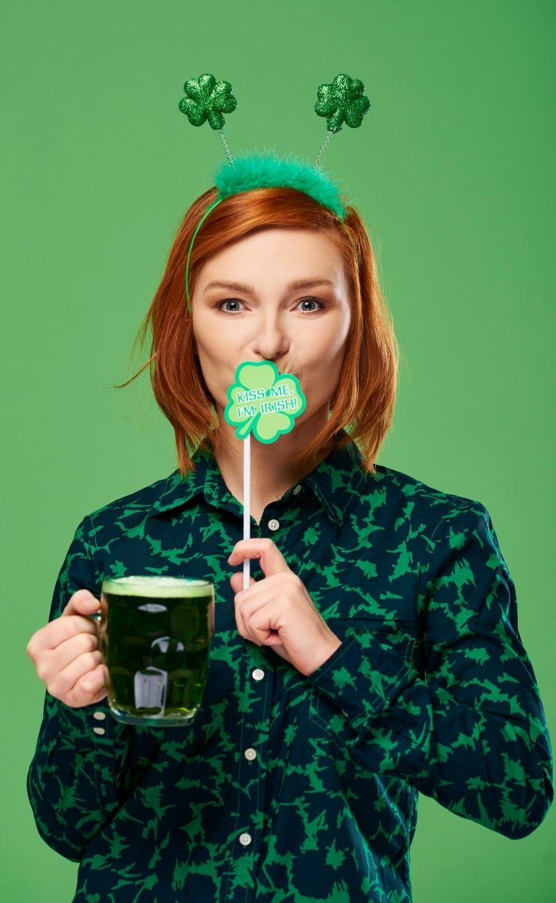 woman with beer celebrating saint patrick's day party game props