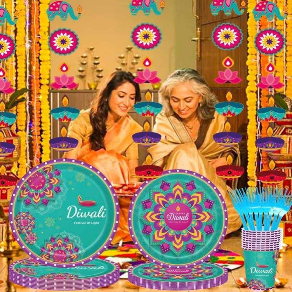 Happy Diwali Table Decorations, 105pcs Diwali Party Tableware Set，Festival of Lights Diwali Plates, Cups, Banner,Fork Indian Festival Diwali Themed Party Supplies（Serves 25 Guests） (2)
