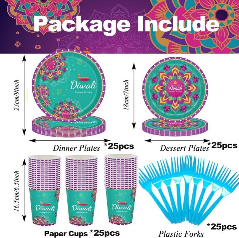Happy Diwali Table Decorations, 105pcs Diwali Party Tableware Set，Festival of Lights Diwali Plates, Cups, Banner,Fork Indian Festival Diwali Themed Party Supplies（Serves 25 Guests） (3)