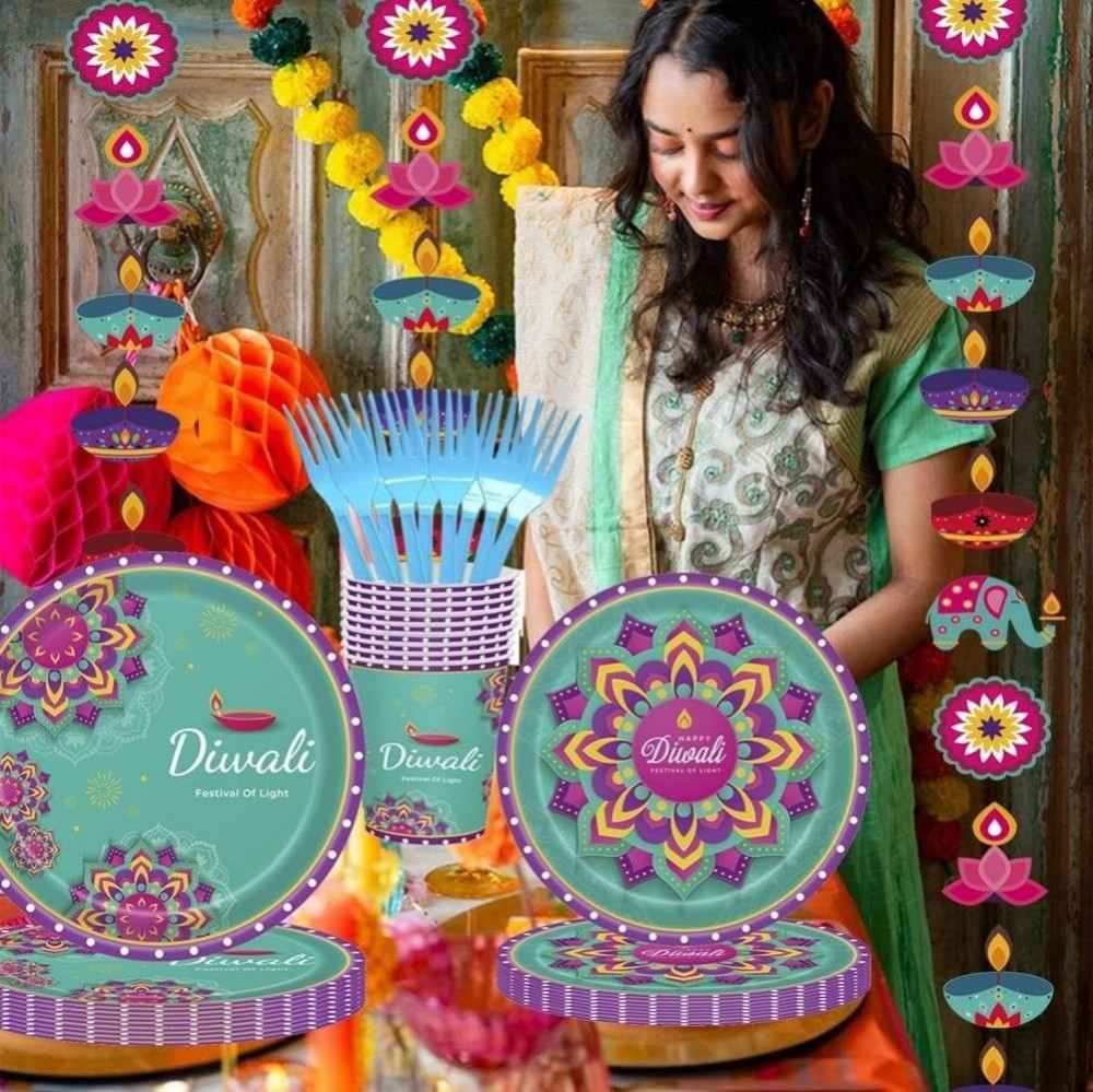 Happy Diwali Table Decorations, 105pcs Diwali Party Tableware Set，Festival of Lights Diwali Plates, Cups, Banner,Fork Indian Festival Diwali Themed Party Supplies（Serves 25 Guests） (4)