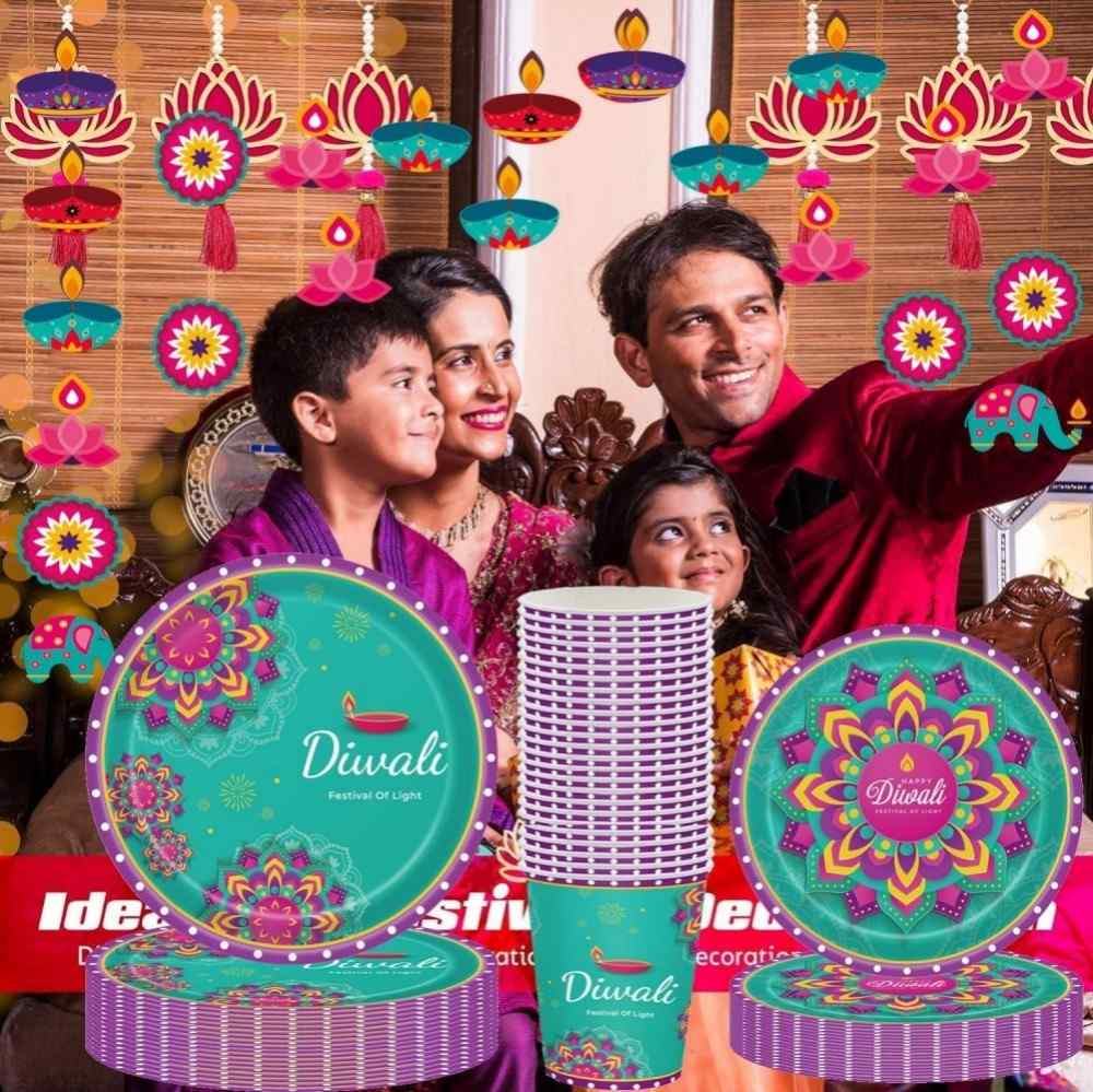 Happy Diwali Table Decorations, 105pcs Diwali Party Tableware Set，Festival of Lights Diwali Plates, Cups, Banner,Fork Indian Festival Diwali Themed Party Supplies（Serves 25 Guests） (8)