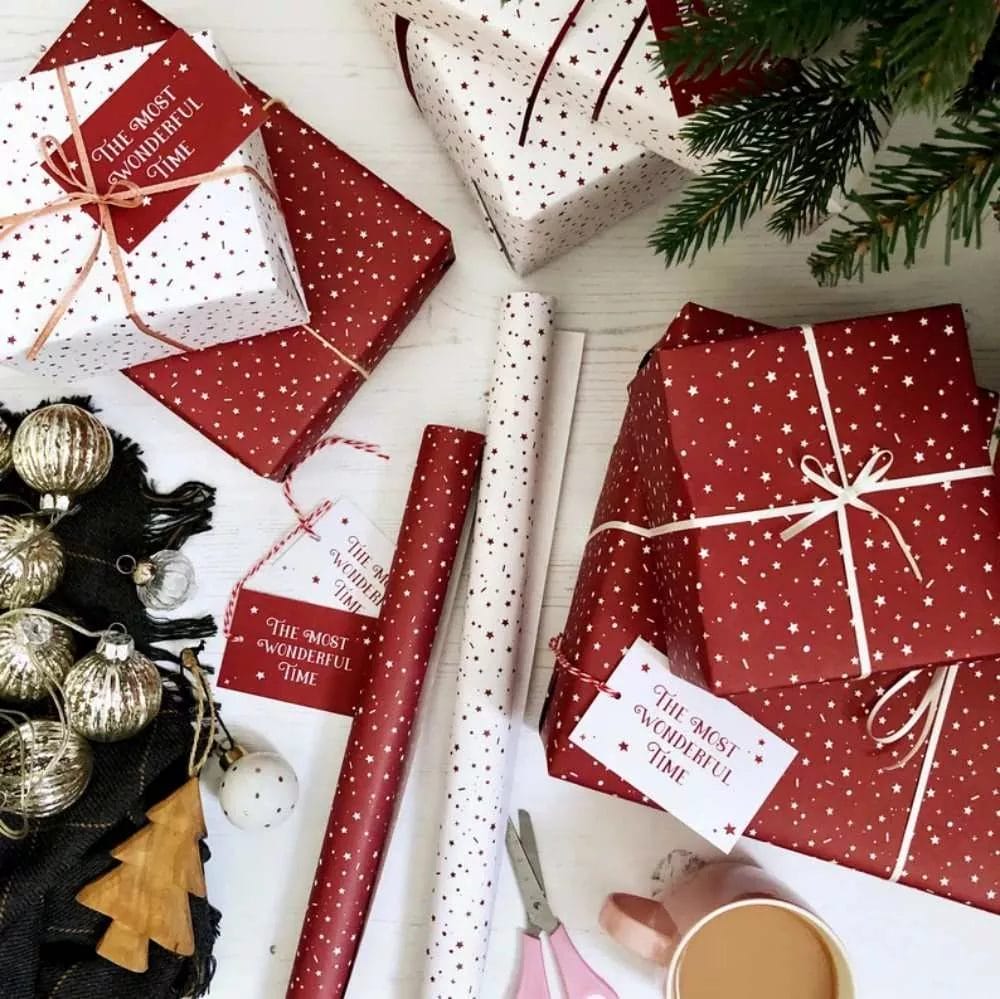 MIXED Red White Stars Wonderful Time MIXED Recyclable Christmas Wrapping Paper Set image 1