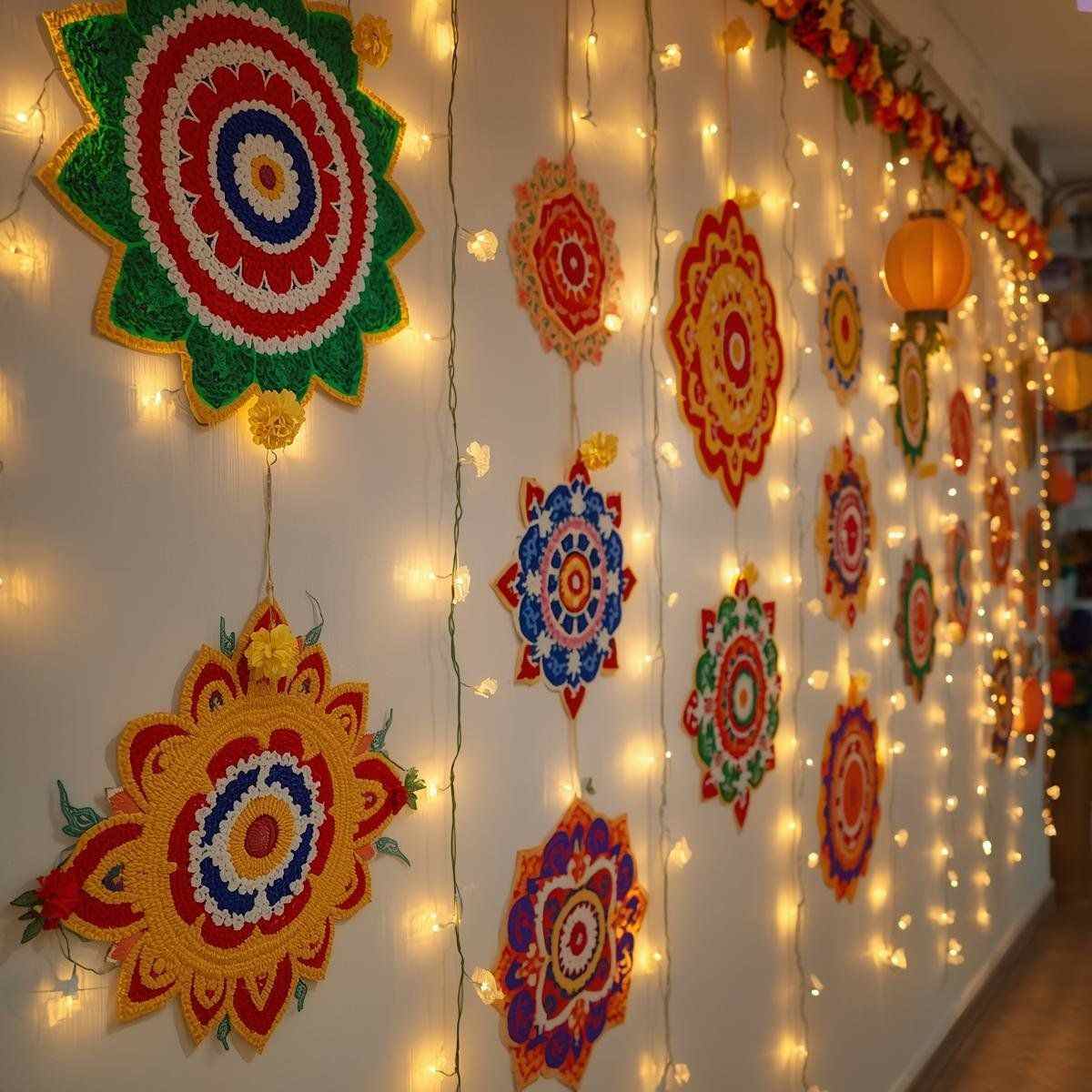 This may contain_ the wall is decorated with many colorful decorations and string lights on each side of it