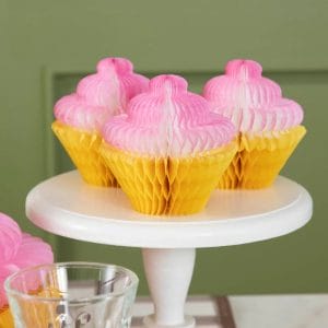 Honeycomb Small Cupcake Set of 3 on a cake pedestal on a table. 1