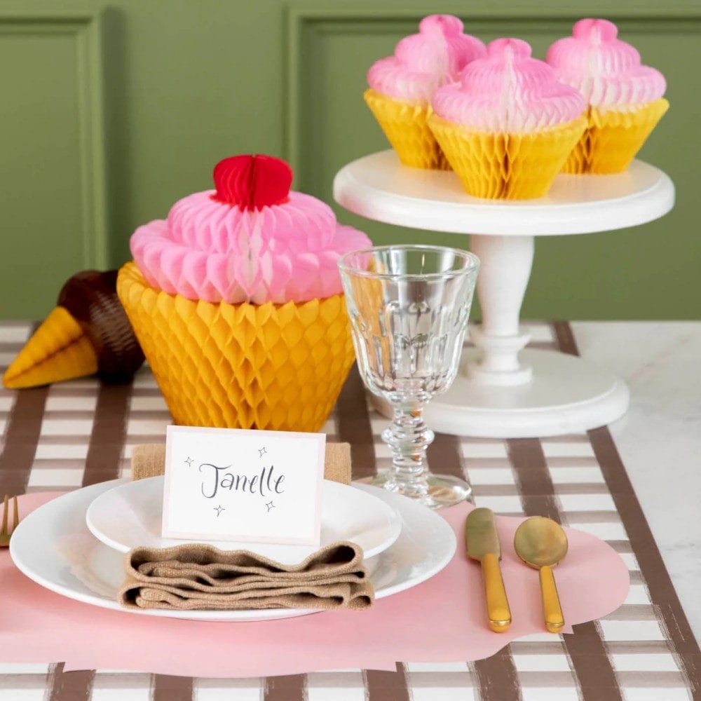 Honeycomb Small Cupcake Set of 3 on a cake pedestal, styled on a bright table setting for one.(1)