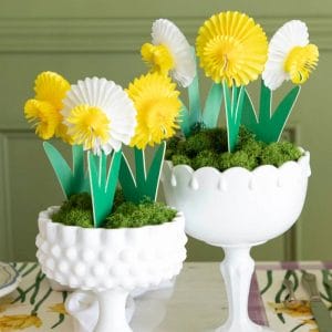 Small Honeycomb Daffodils Set of 3 in a vase with moss on a daffodil themed table setting