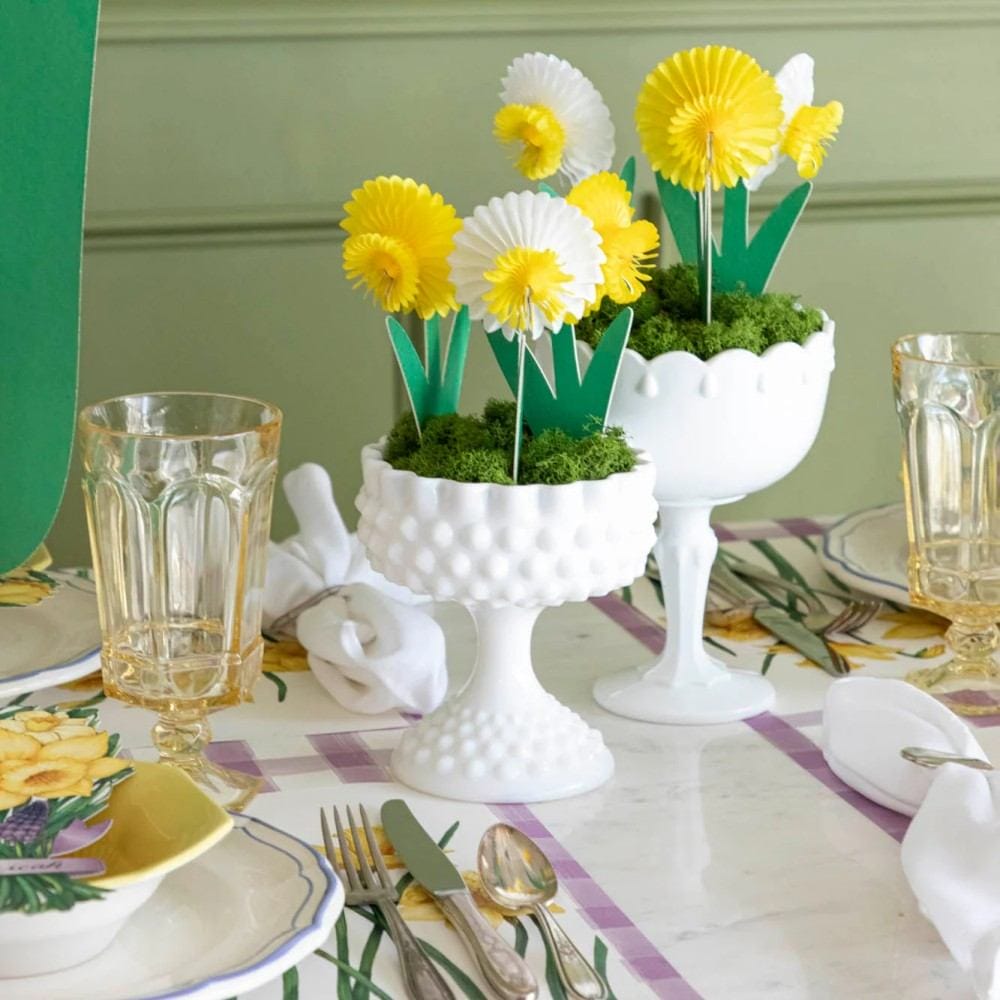Small Honeycomb Daffodils Set of 3 in a vase with moss, on a daffodil themed table setting. (1)