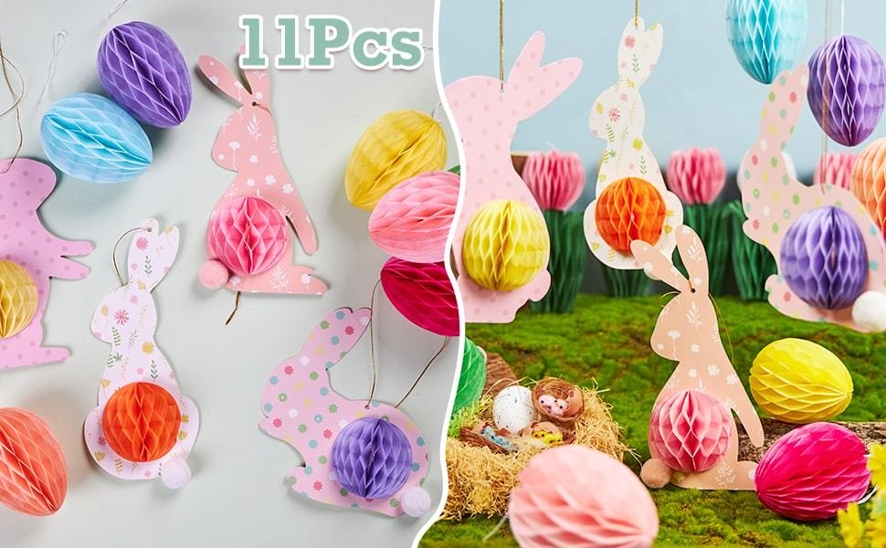 Spring photo booth setup featuring honeycomb paper rabbits and eggs