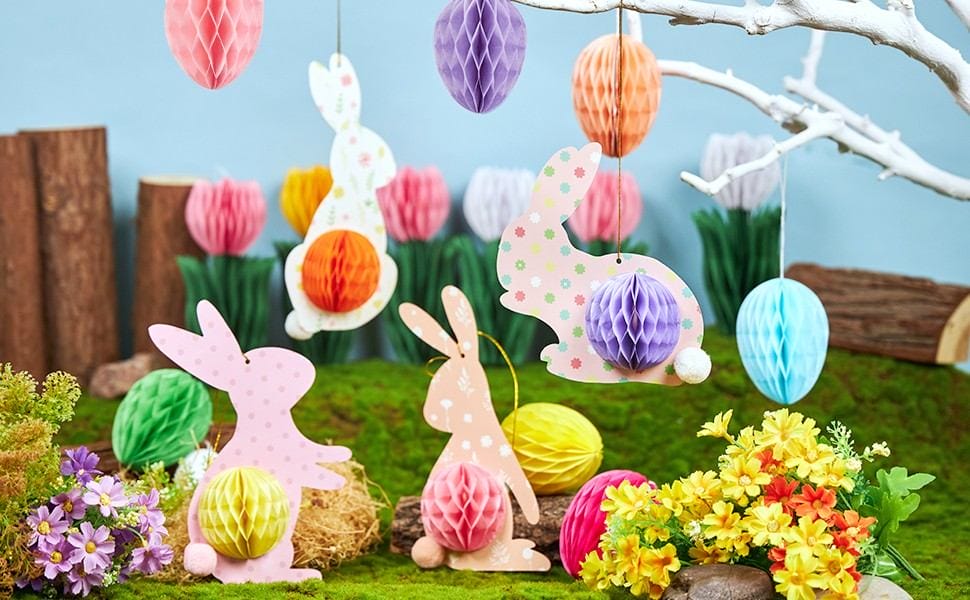 Spring-themed honeycomb decor featuring rabbits and egg ornaments