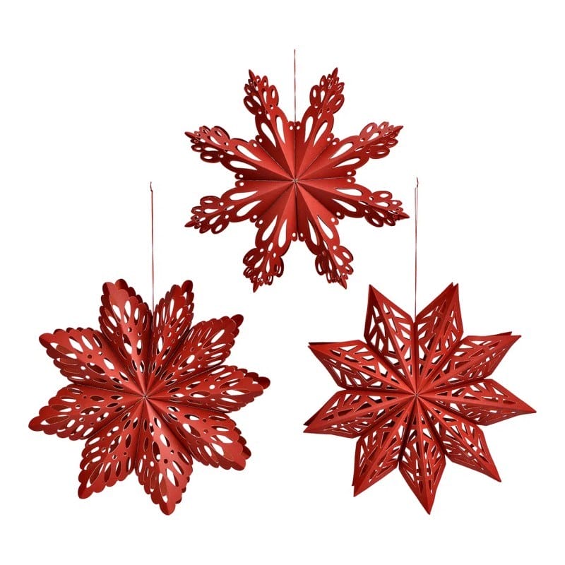 Christmas hanger snowflake made of paper_cardboard, set of 3, red (W_H_D) 22x6x22cm