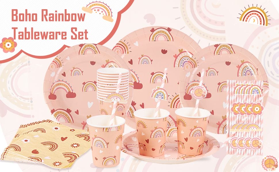 Wholesale or Custom Paper Plates and Cups bohemian rainbow birthday tableware decorations